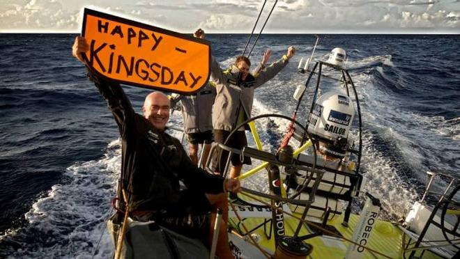 Onboard Team Brunel – Bouwe Bekking And Rokas Milevicius celebrate Kingsday in Holland - Volvo Ocean Race 2015 © Stefan Coppers/Team Brunel